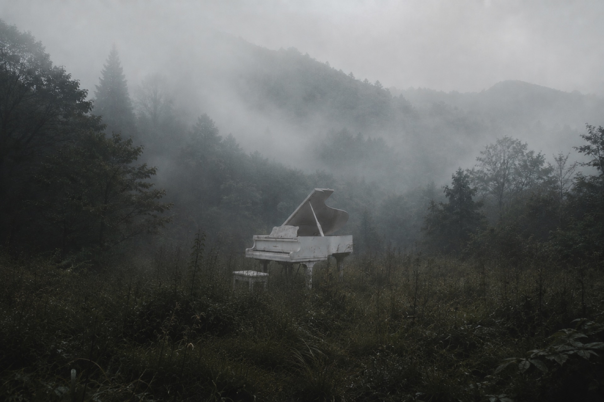 A white grand piano in misty forest